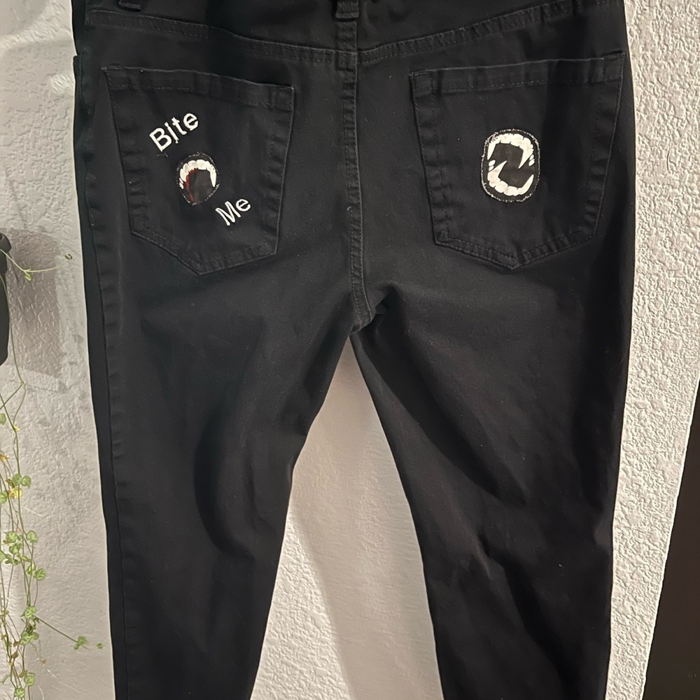 Dickies Black Women's Skinny Jeans w/ glow in the dark fang Pockets Bite Me